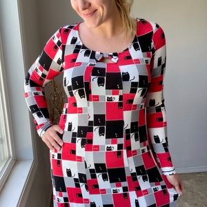 Leona Edmiston Cat Lady Red Black Dress Long Sleeve Quirky Unique Medium